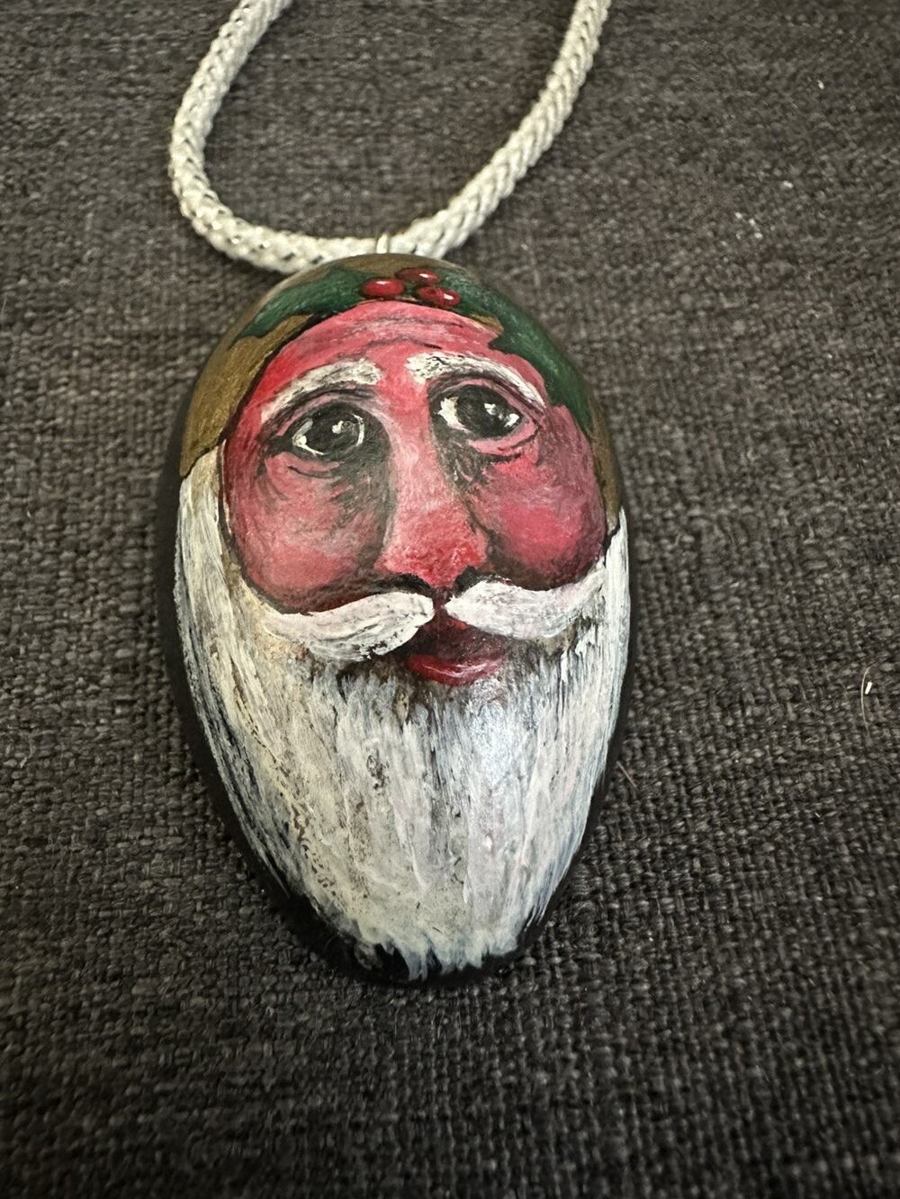 Handmade Hand Painted Santa Face Stone Christmas Ornament Folk Art
